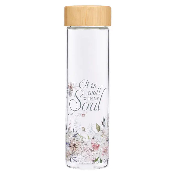 It Well with My Soul Hymn Glass Water Bottle with Bamboo Lid and Sleeve