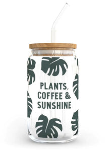 Plants, Coffee & Sunshine Glass Cup w/ Straw
